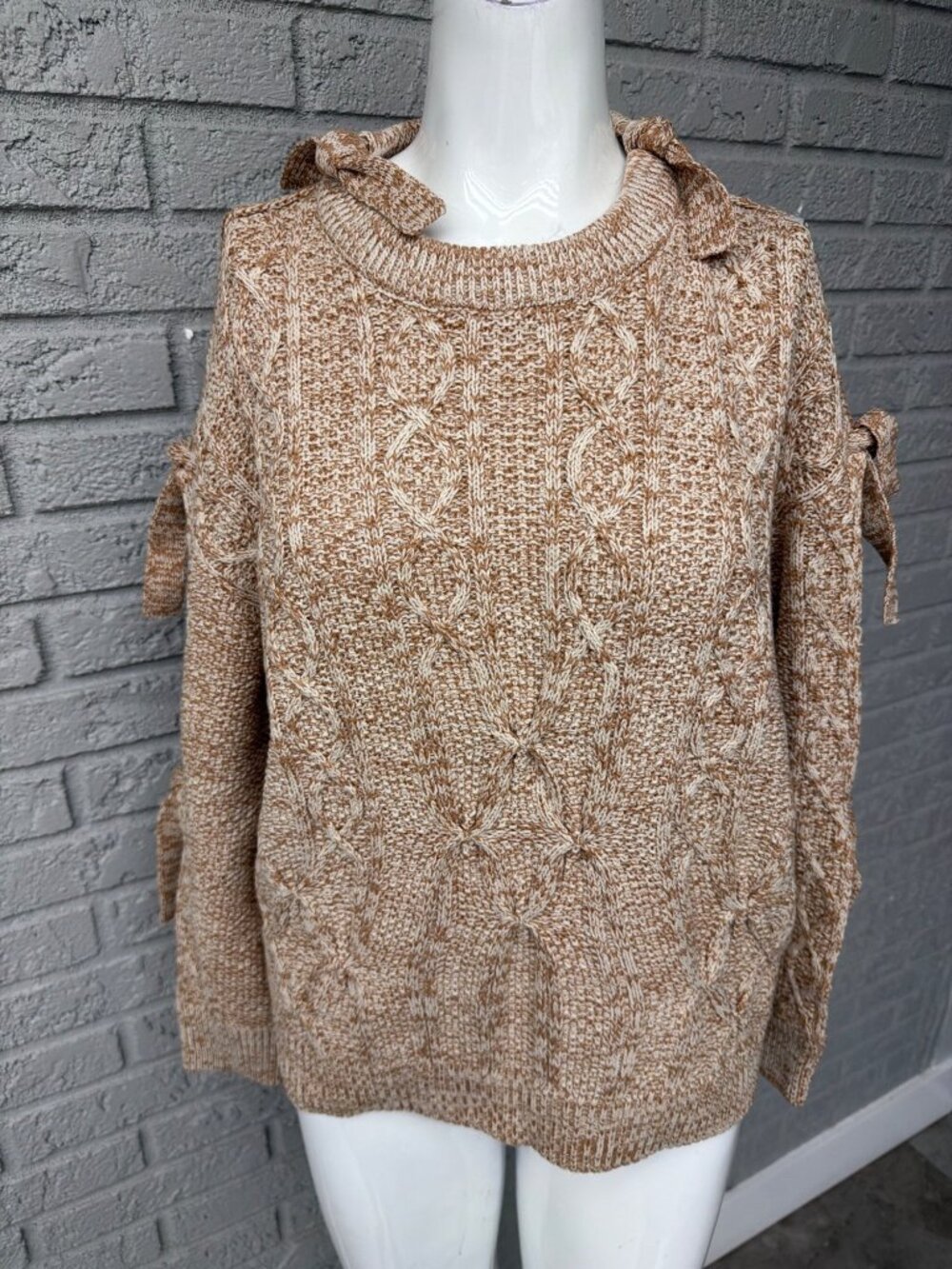 Project Naadam Cold Shoulder Cable Knit Tie-Knot Sweater Size S